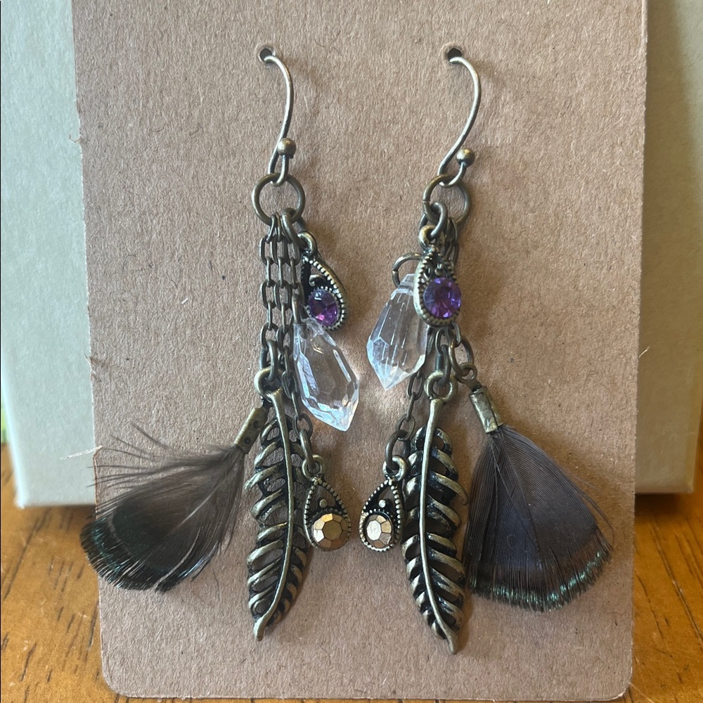 Bohemian Feather Drop Earrings with Crystal Accents - Picture 2 of 5